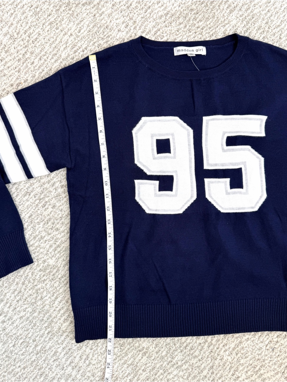 Madden Girl Game Day Sweater “95” Navy and White Varsity Knit Medium Football - Picture 7 of 9